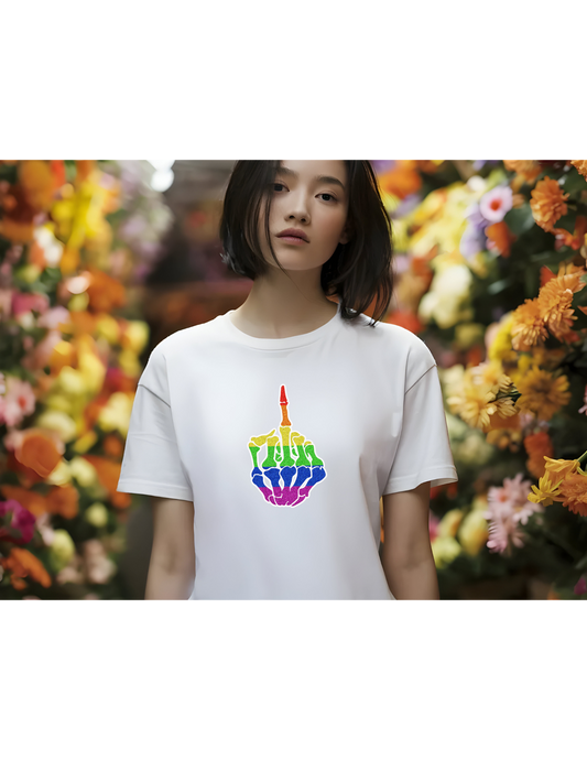Rainbow Rebellion Skeleton Hand, Vibrant Hand Gesture Tee, LGBTQ Pride Shirt, Festival T-Shirt, Comfortable Casual Wear, Unisex Cotton Top