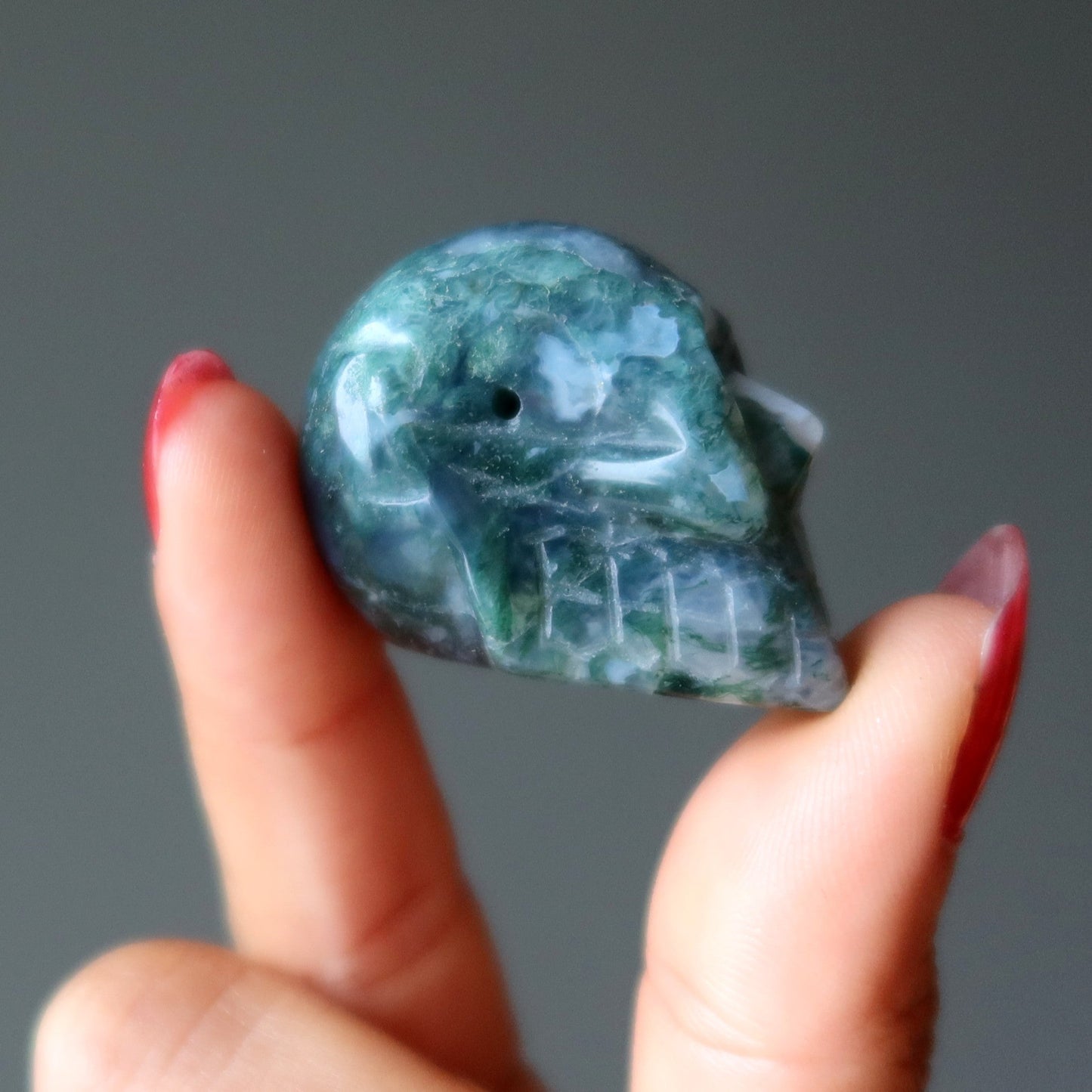 Moss Agate Skull Relic Earth Green Crystal Bead
