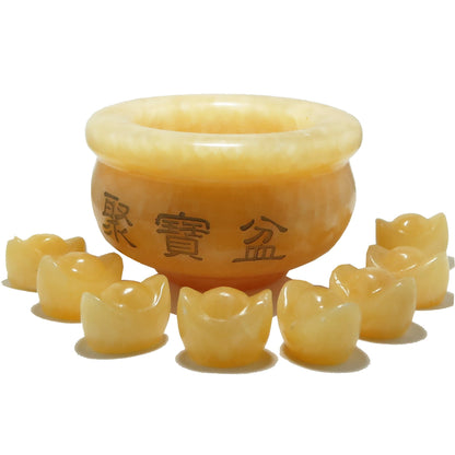 Yellow Calcite Money Bowl Ingot Set Wealth Feng Shui