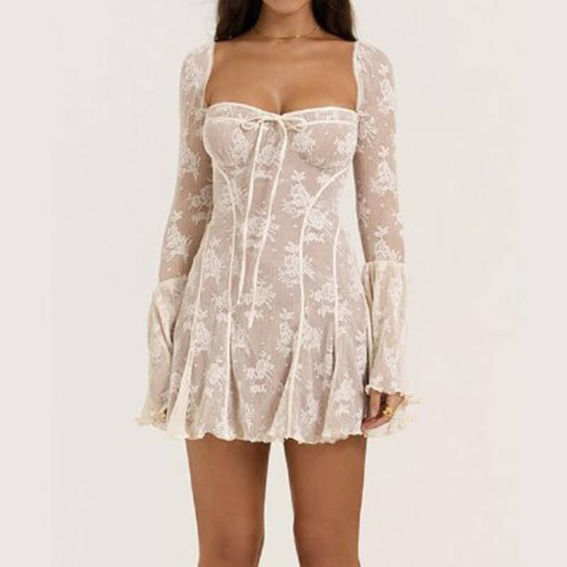 Floral Pattern Lace Tie Front Mini Dress