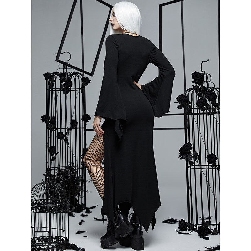 Gothic High Slit Bell Sleeve Polyester Dress
