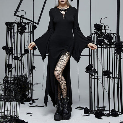 Gothic High Slit Bell Sleeve Polyester Dress