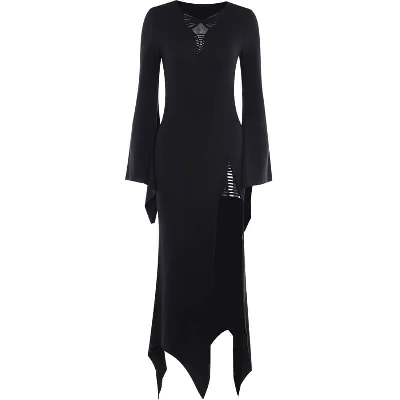 Gothic High Slit Bell Sleeve Polyester Dress