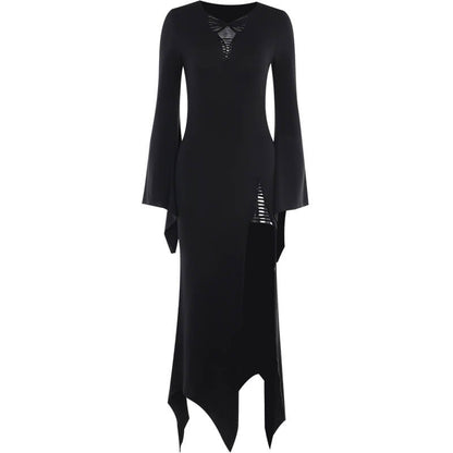Gothic High Slit Bell Sleeve Polyester Dress