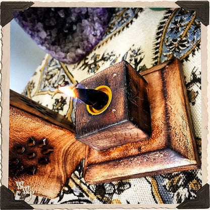 BOTANICAL INCENSE BURNER TOWER. Upright Wooden Box with Metal Stampings. Incense Stick & Cone Holder.