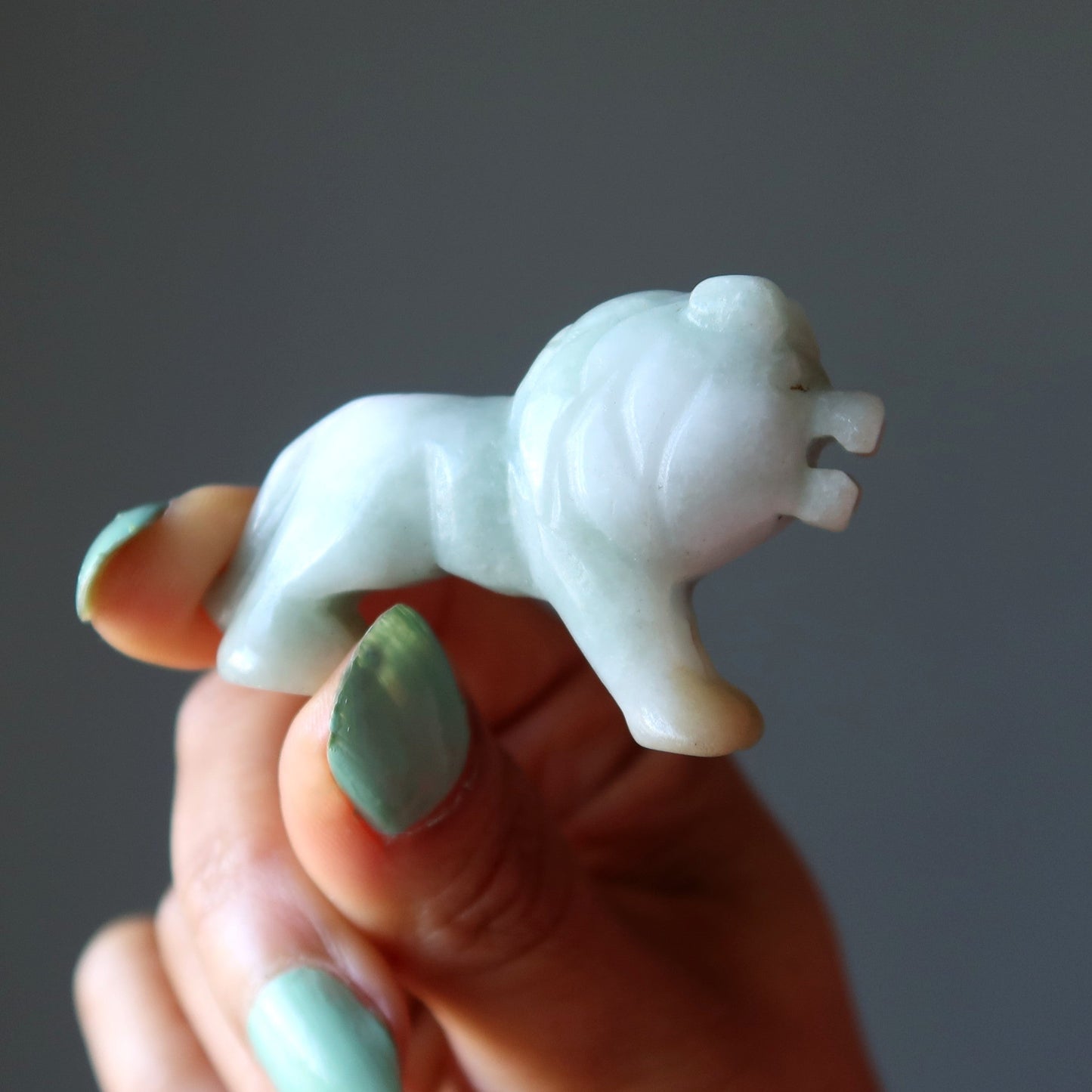 Jade Lion Lucky Life Leader Green Jadeite Crystal Animal Figurine