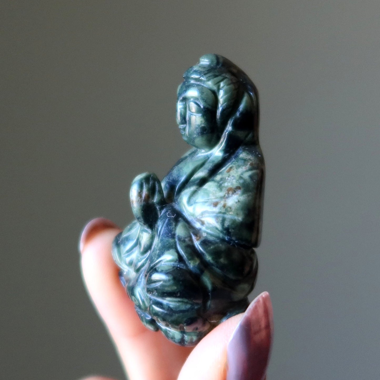 Green Jasper Buddha Praying Peace Figurine