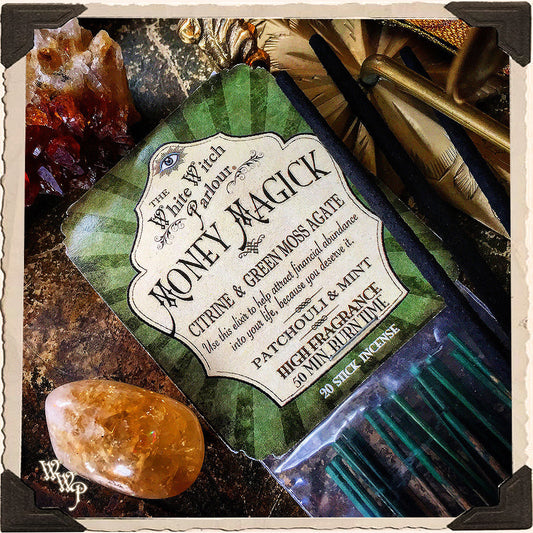 MONEY MAGICK Elixir INCENSE. 20 Stick Pack. Scent of Patchouli,  Mint. Blessed by Citrine, Green Moss Agate Crystals.